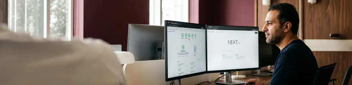 CollectPCS product team reviewing new headless ecommerce platform performance on large monitor in modern office with natural light CollectPCS product team reviewing new headless ecommerce platform performance on large monitor in modern office with natural light