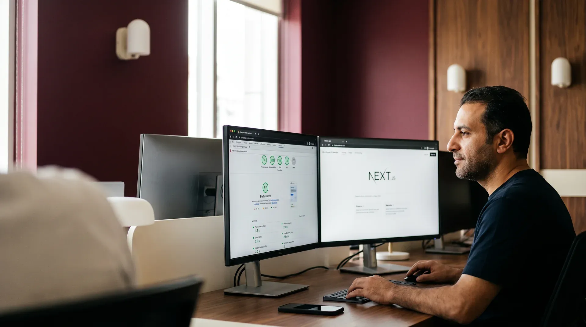 Next.js frontend developer reviewing green Lighthouse performance report on dual monitors in modern office with natural window light, side profile Next.js frontend developer reviewing green Lighthouse performance report on dual monitors in modern office with natural window light, side profile