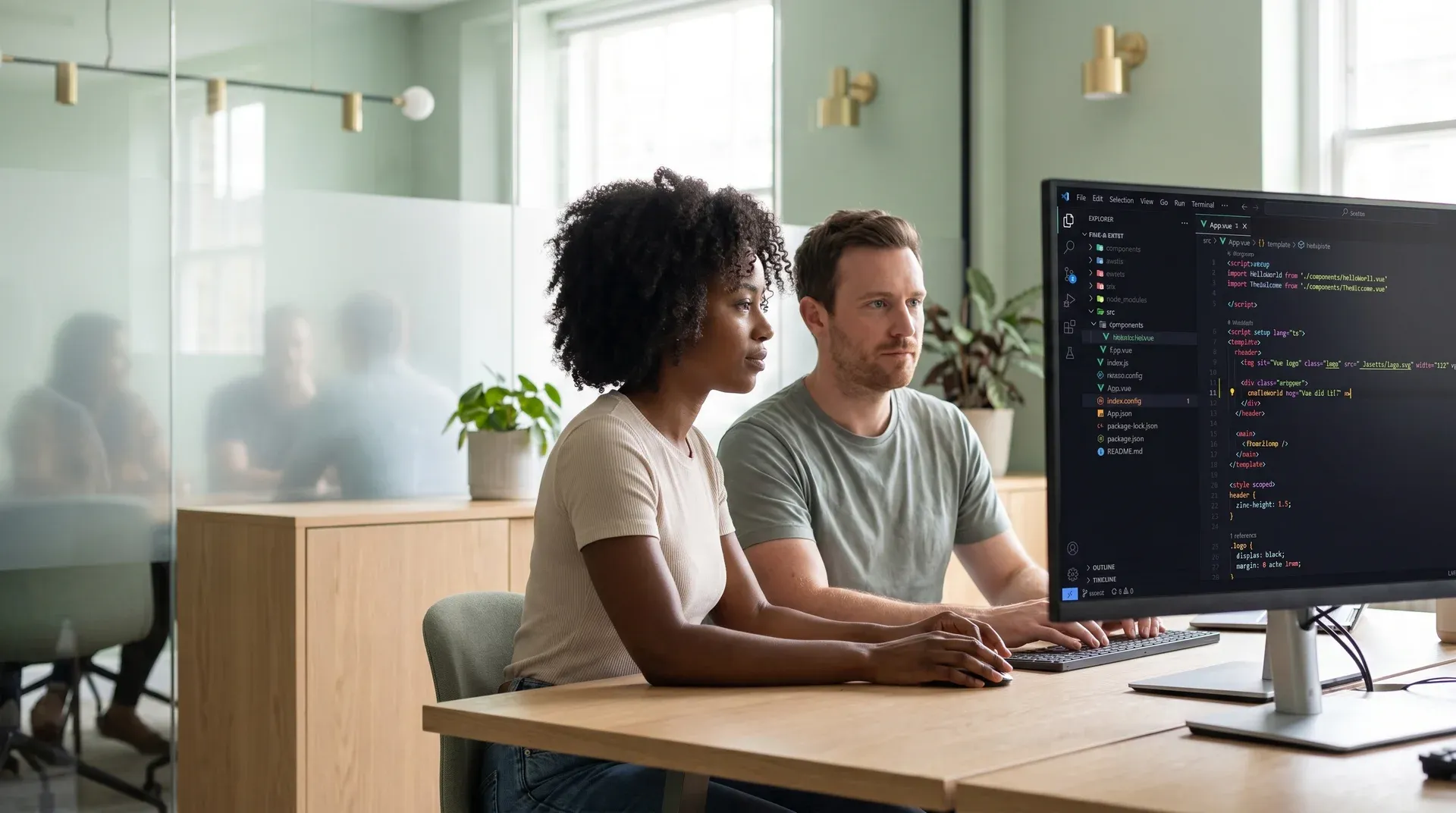 Vue.js developer team pair-reviewing single-file components on monitors in a natural-light workspace Vue.js developer team pair-reviewing single-file components on monitors in a natural-light workspace