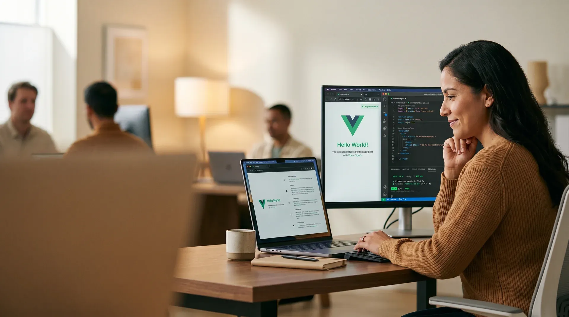 Vue.js developer reviewing a fast, working Vue application with a green Vite dev server and passing performance budget Vue.js developer reviewing a fast, working Vue application with a green Vite dev server and passing performance budget