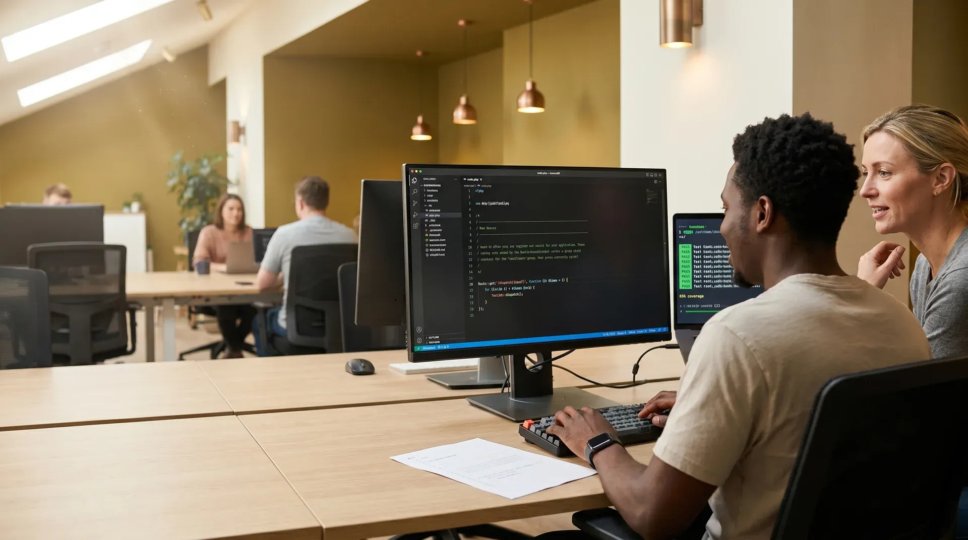 PHP development team reviewing Laravel application on large monitor in modern office with natural window light and collaborative atmosphere PHP development team reviewing Laravel application on large monitor in modern office with natural window light and collaborative atmosphere