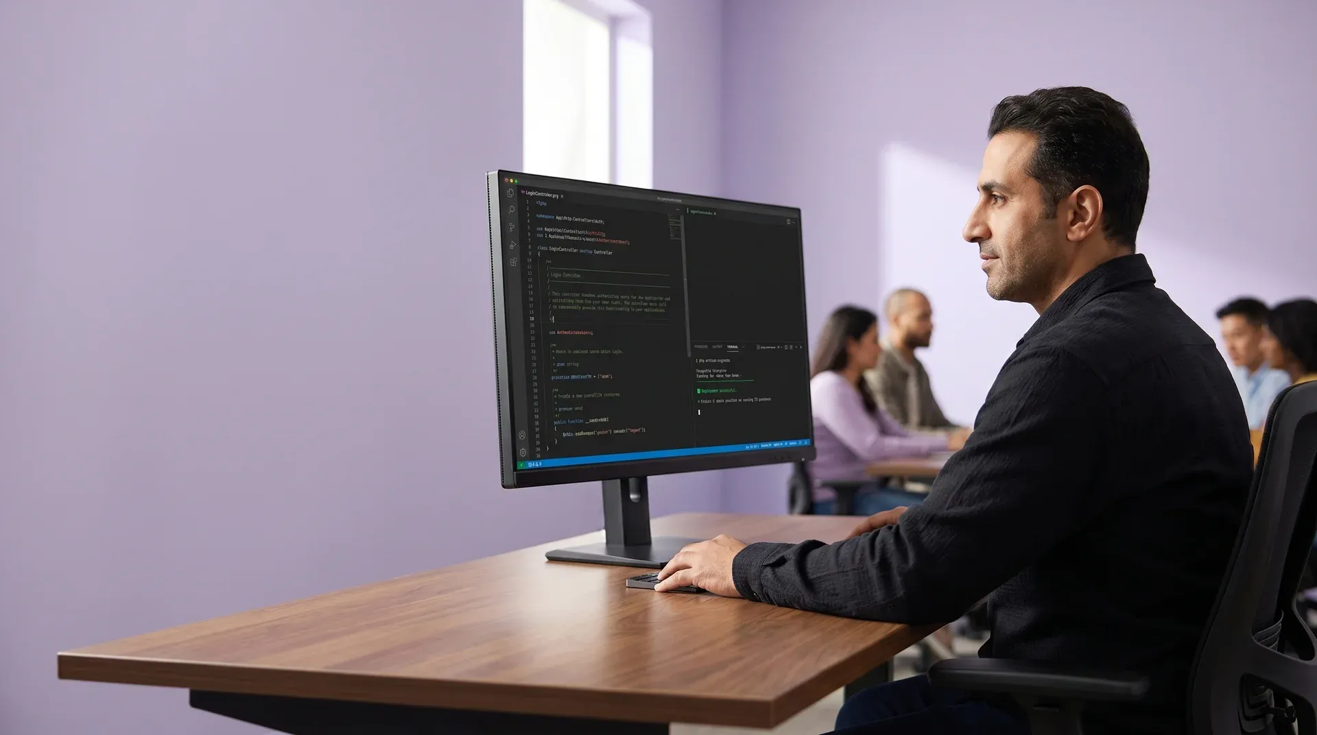 PHP developer at workstation reviewing successfully deployed Laravel application dashboard with confident expression and natural window light