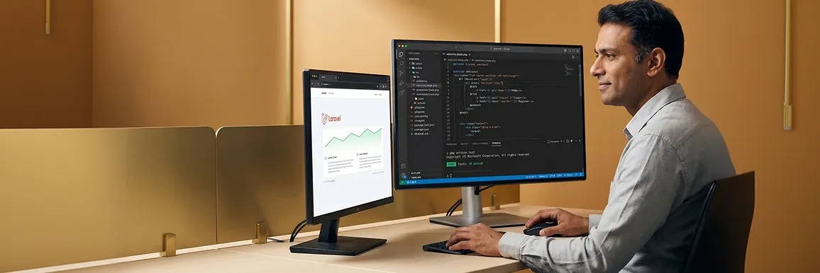 Senior developer reviewing the rebuilt Laravel application with passing tests in VS Code, calm and confident, side angle Senior developer reviewing the rebuilt Laravel application with passing tests in VS Code, calm and confident, side angle