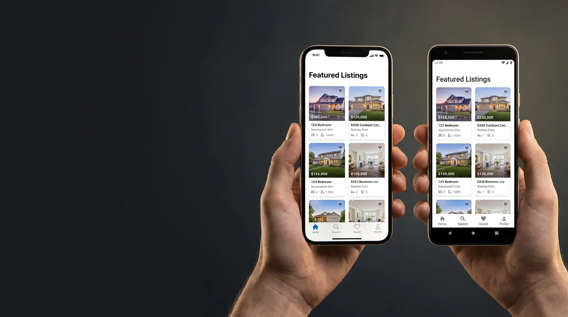 Developer holding iPhone and Android phone side by side, both running the same React Native app Developer holding iPhone and Android phone side by side, both running the same React Native app