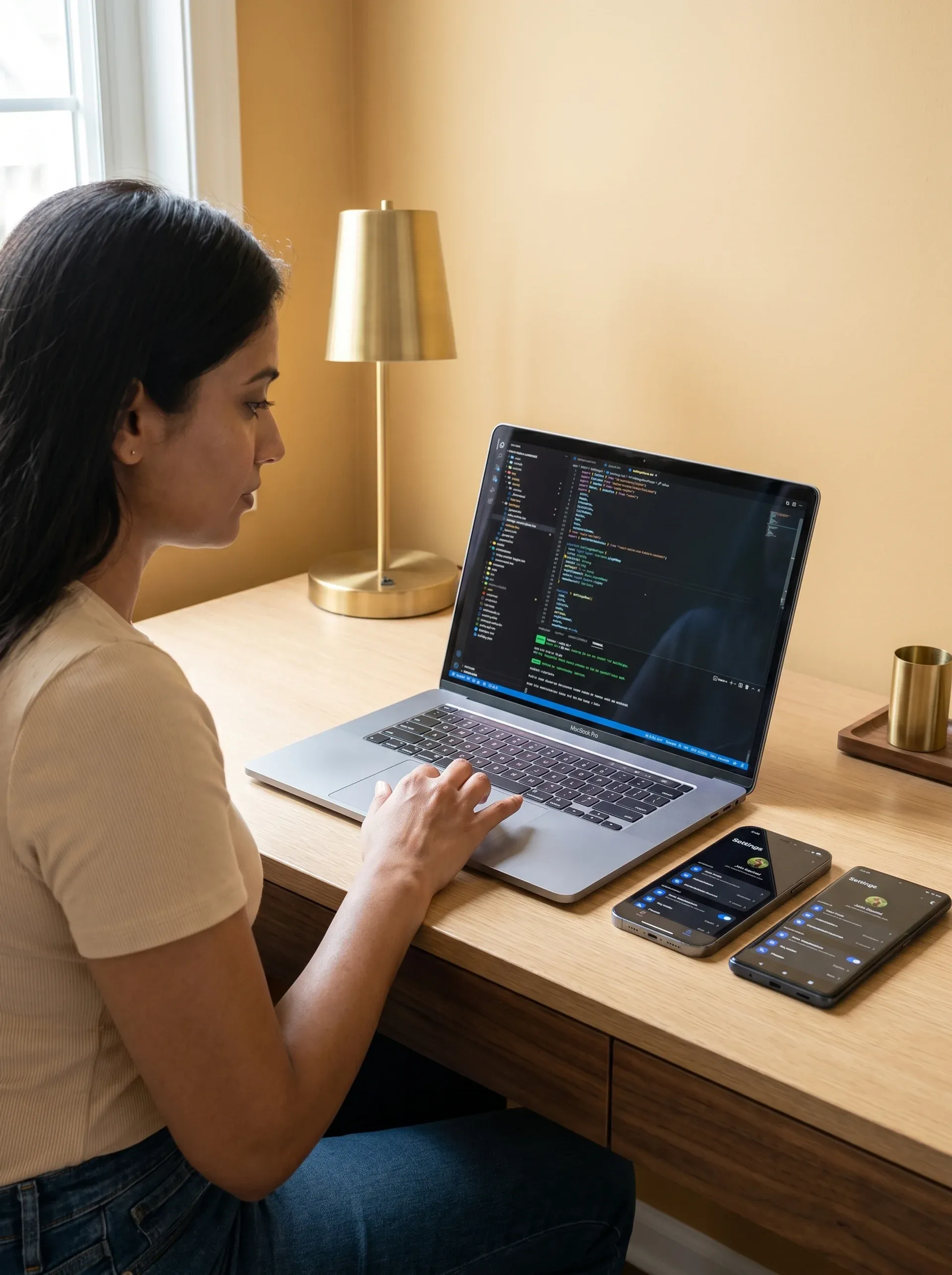 React Native developer at MacBook reviewing TypeScript code with iPhone and Android phone both on desk React Native developer at MacBook reviewing TypeScript code with iPhone and Android phone both on desk