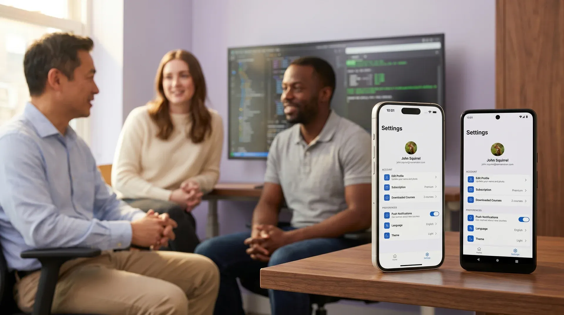 iPhone and Android phone side by side showing the same React Native app with satisfied development team in background
