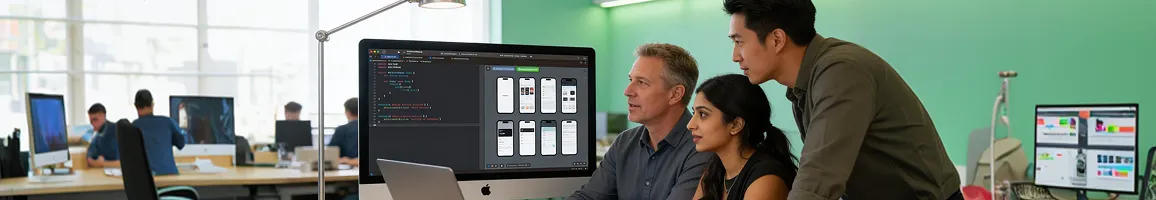 iOS development team reviewing SwiftUI app screens on multiple iPhones and large MacBook monitor with focused professional atmosphere and natural morning light iOS development team reviewing SwiftUI app screens on multiple iPhones and large MacBook monitor with focused professional atmosphere and natural morning light