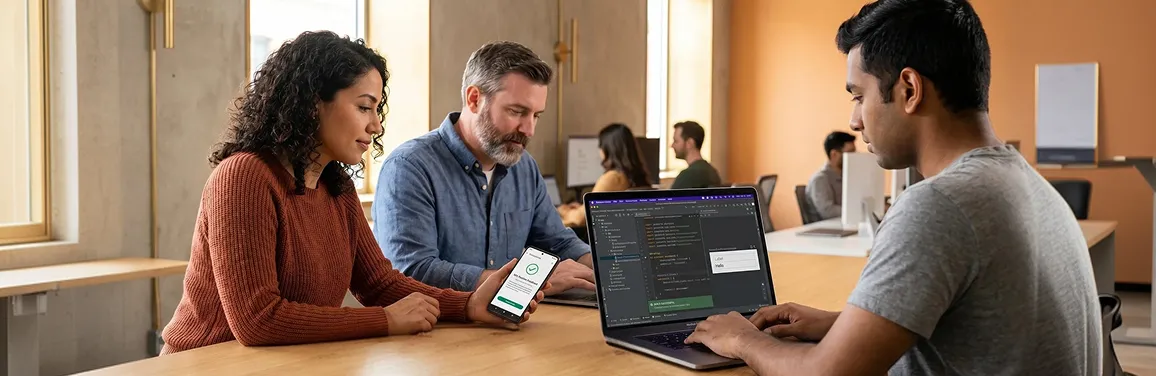 Android development team in sprint review with multiple physical devices on table, natural side lighting, work in context Android development team in sprint review with multiple physical devices on table, natural side lighting, work in context