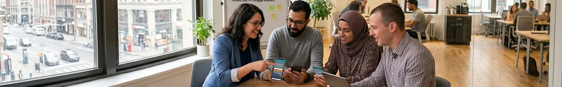 Mobile app product team reviewing launched application on physical Android and iOS devices, natural window light Mobile app product team reviewing launched application on physical Android and iOS devices, natural window light