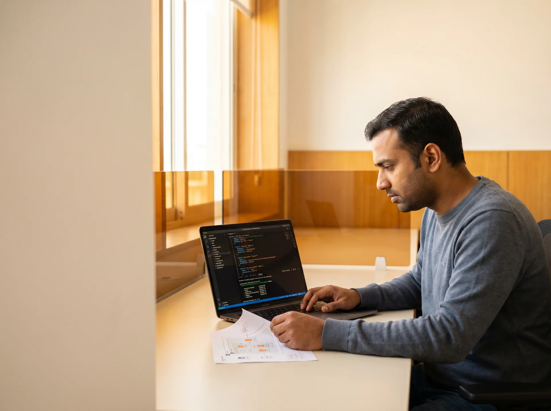 Cloud platform engineer reviewing multi-cloud architecture at workstation Cloud platform engineer reviewing multi-cloud architecture at workstation
