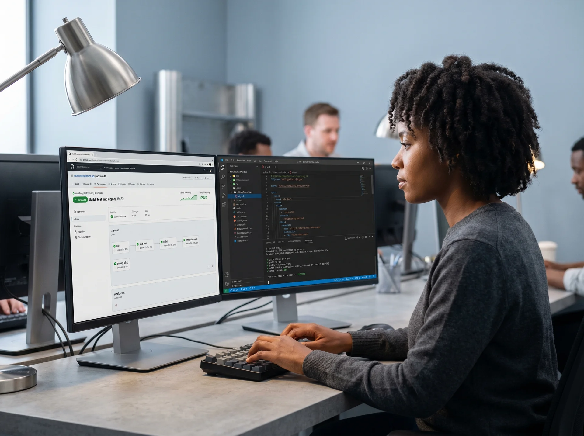 DevOps engineer monitoring CI/CD pipeline on multi-screen setup DevOps engineer monitoring CI/CD pipeline on multi-screen setup