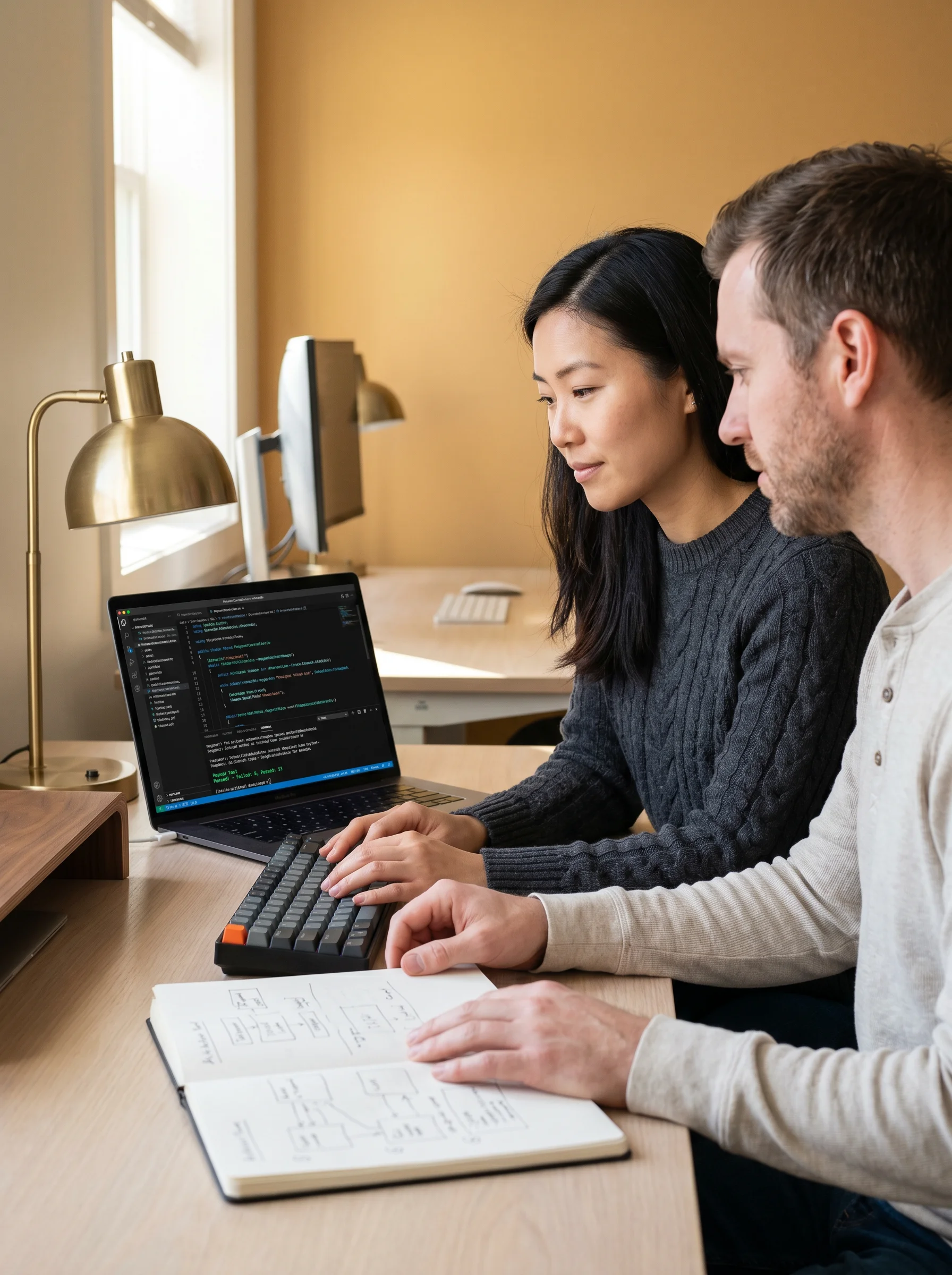 Senior engineer pair programming on a custom .NET API in VS Code while tests pass in the integrated terminal Senior engineer pair programming on a custom .NET API in VS Code while tests pass in the integrated terminal