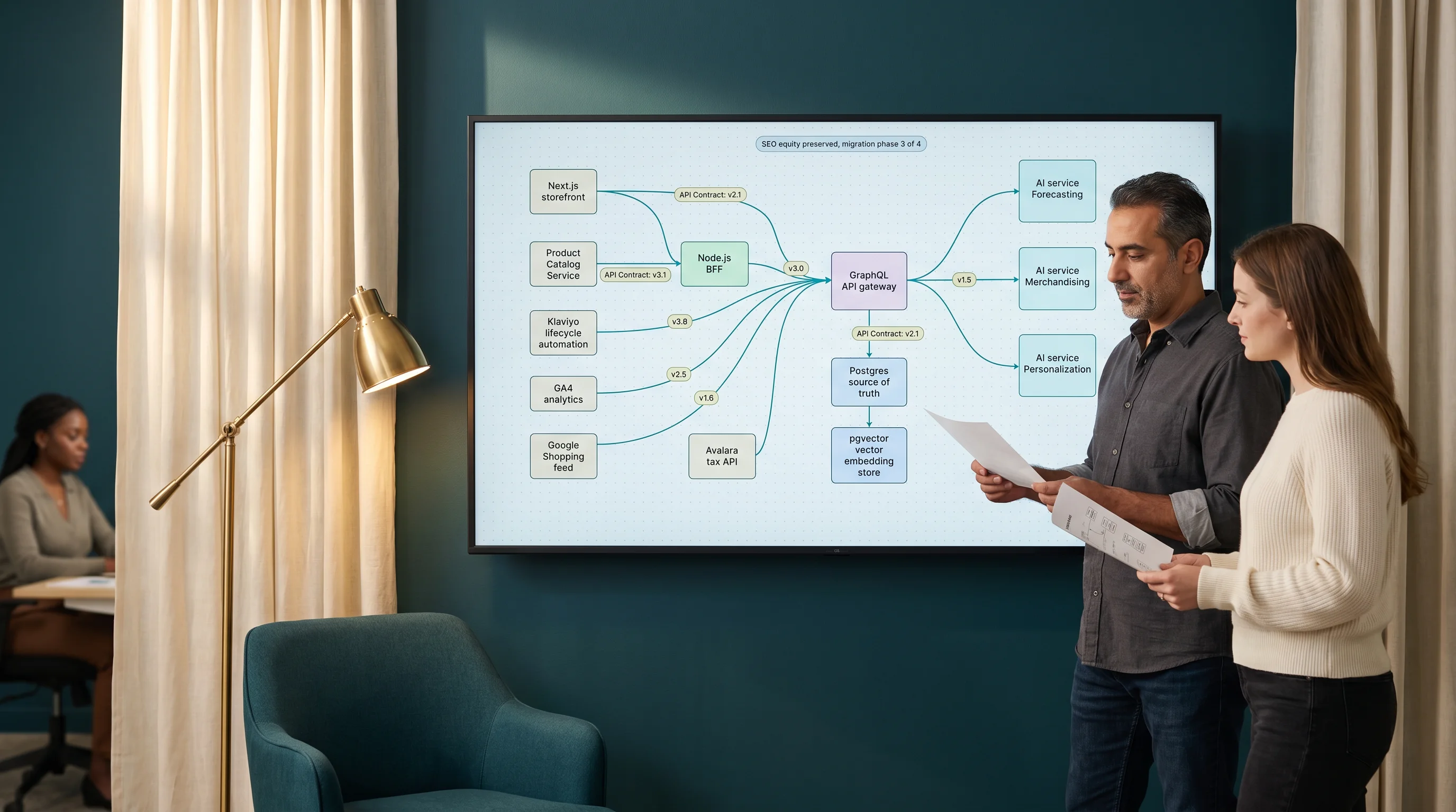 An architecture diagram on a large monitor with engineers annotating the system layout for a custom .NET and PHP build An architecture diagram on a large monitor with engineers annotating the system layout for a custom .NET and PHP build