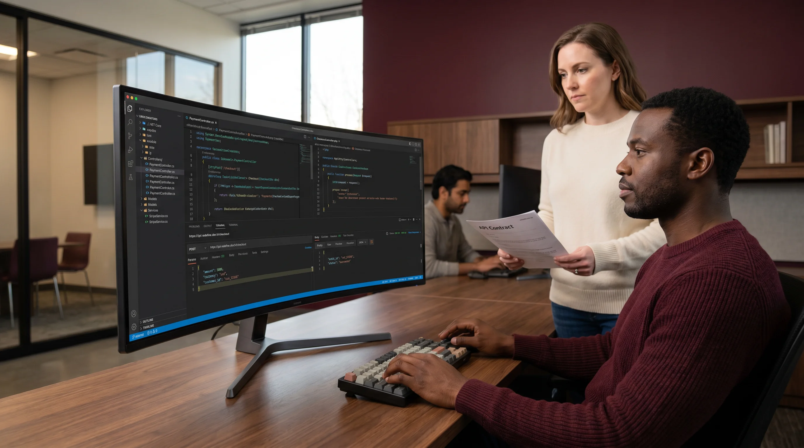 Engineer reviewing a split screen of .NET Core API code and a PHP model-view-controller payment service with a testing tool returning a successful response on the checkout endpoint Engineer reviewing a split screen of .NET Core API code and a PHP model-view-controller payment service with a testing tool returning a successful response on the checkout endpoint