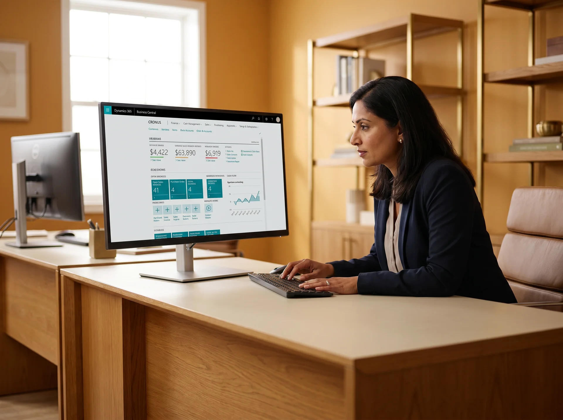 South Asian operations director reviewing Dynamics 365 Business Central dashboard South Asian operations director reviewing Dynamics 365 Business Central dashboard