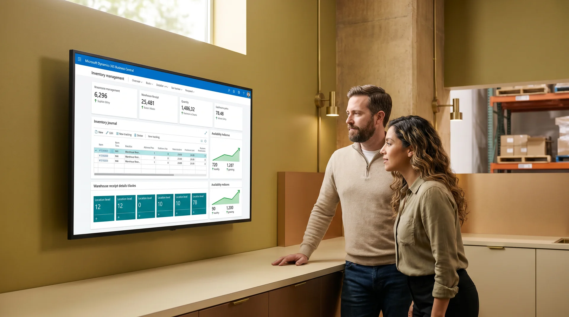 Half Price Drapes team reviewing Dynamics 365 inventory and fulfillment dashboard Half Price Drapes team reviewing Dynamics 365 inventory and fulfillment dashboard