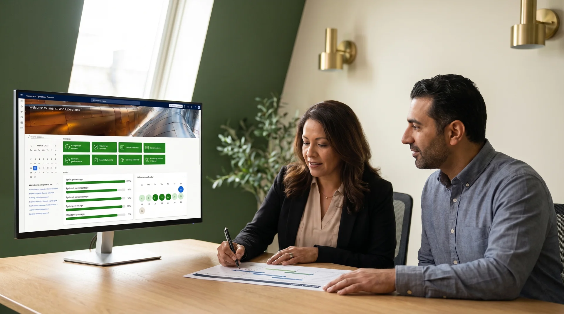 CFO and IT lead reviewing Dynamics 365 implementation roadmap on dual monitors CFO and IT lead reviewing Dynamics 365 implementation roadmap on dual monitors