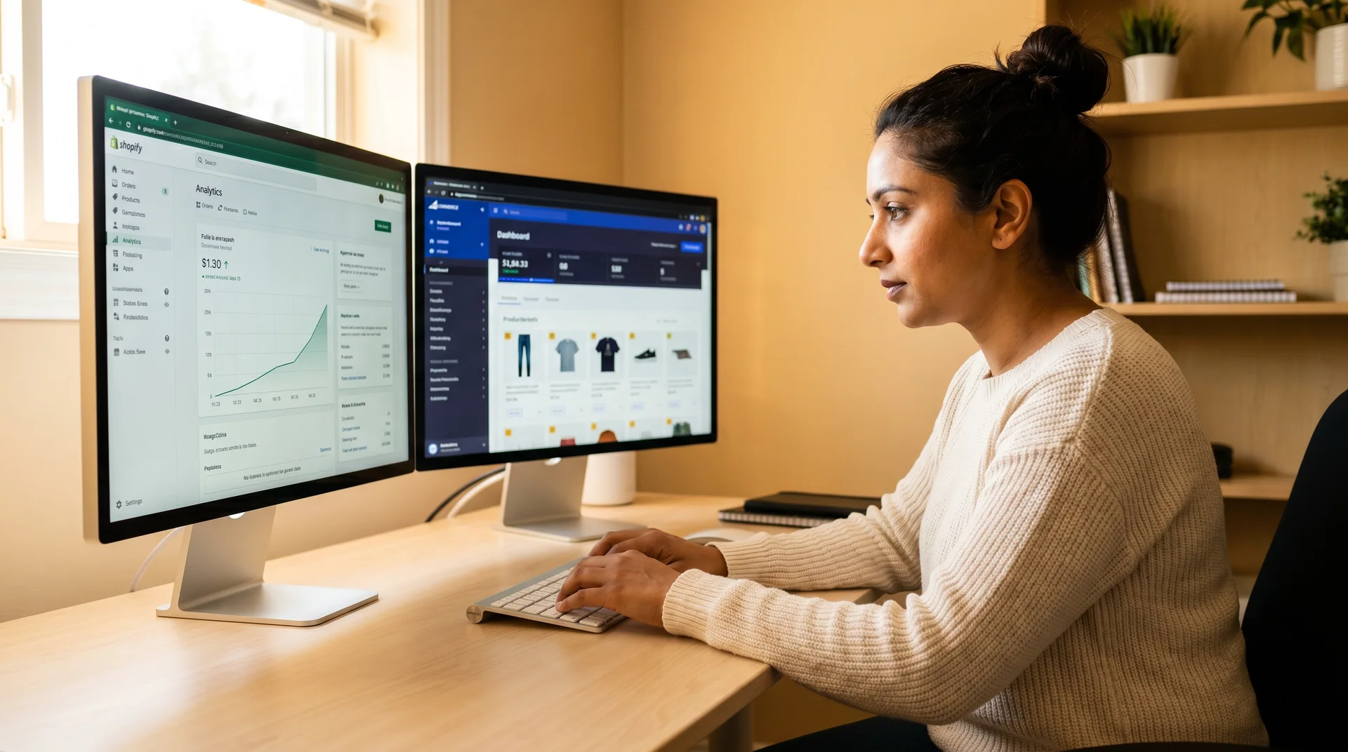 Ecommerce merchant reviewing multi-platform dashboards including Shopify Admin and BigCommerce Ecommerce merchant reviewing multi-platform dashboards including Shopify Admin and BigCommerce