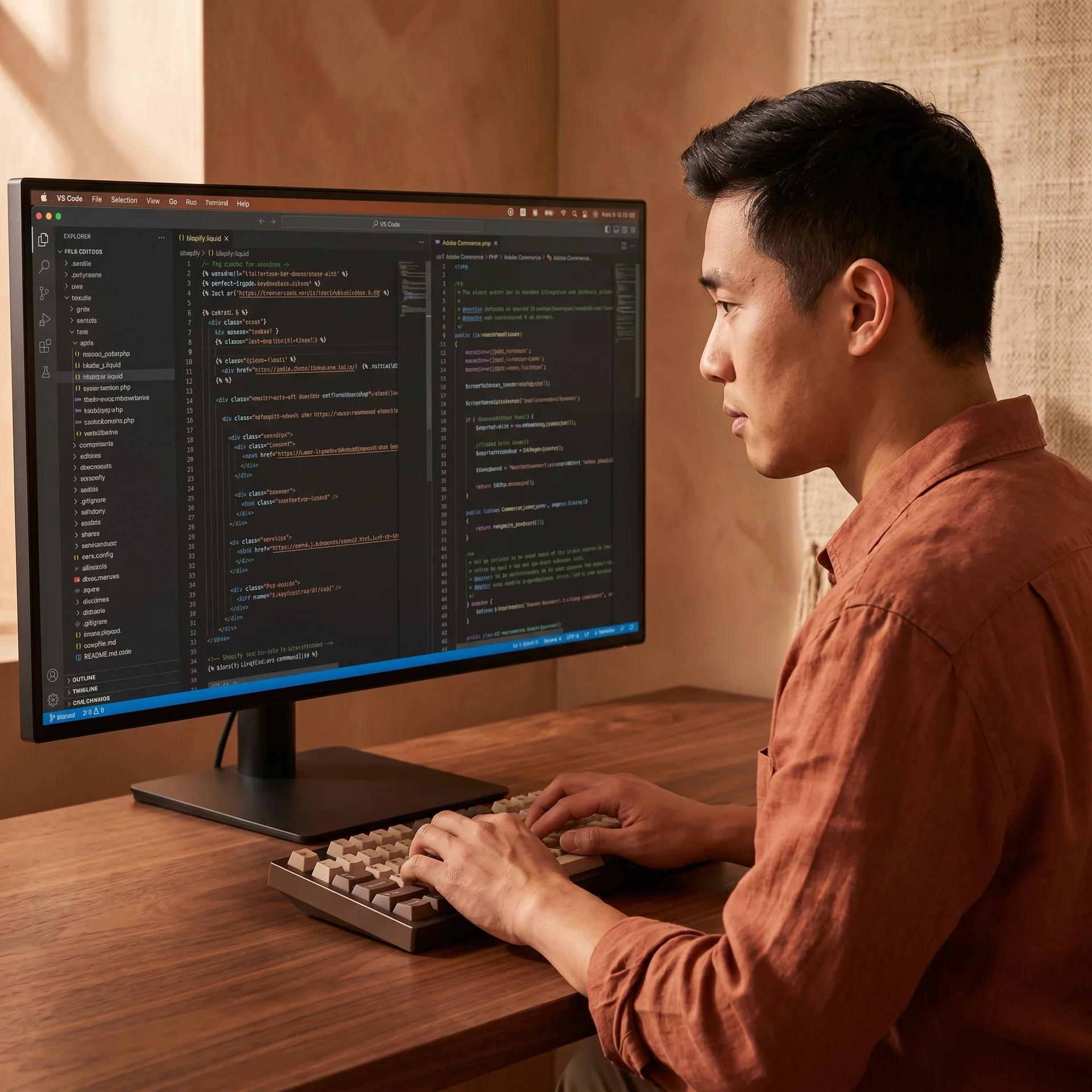 Developer working on Shopify and Adobe Commerce platform code in VS Code Developer working on Shopify and Adobe Commerce platform code in VS Code