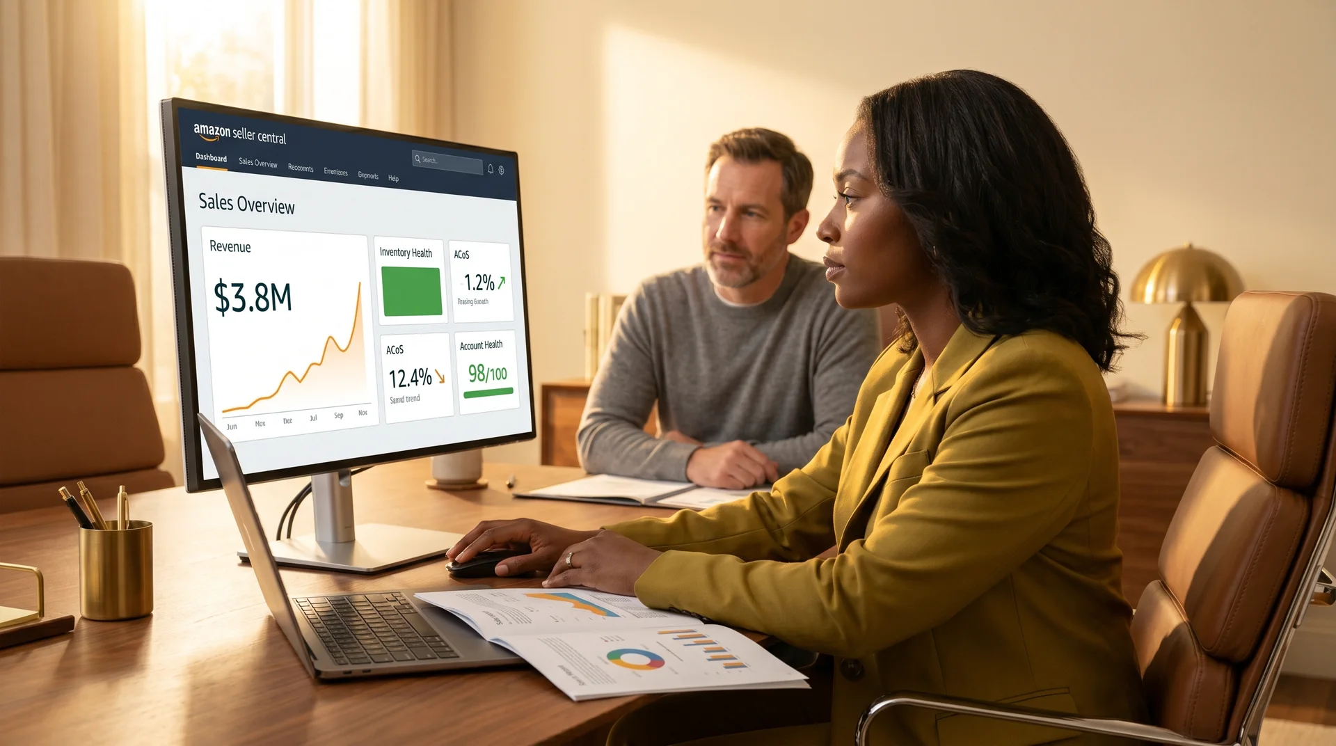 Operations lead reviewing rising revenue chart and ecommerce KPIs on Amazon Seller Central dashboard Operations lead reviewing rising revenue chart and ecommerce KPIs on Amazon Seller Central dashboard