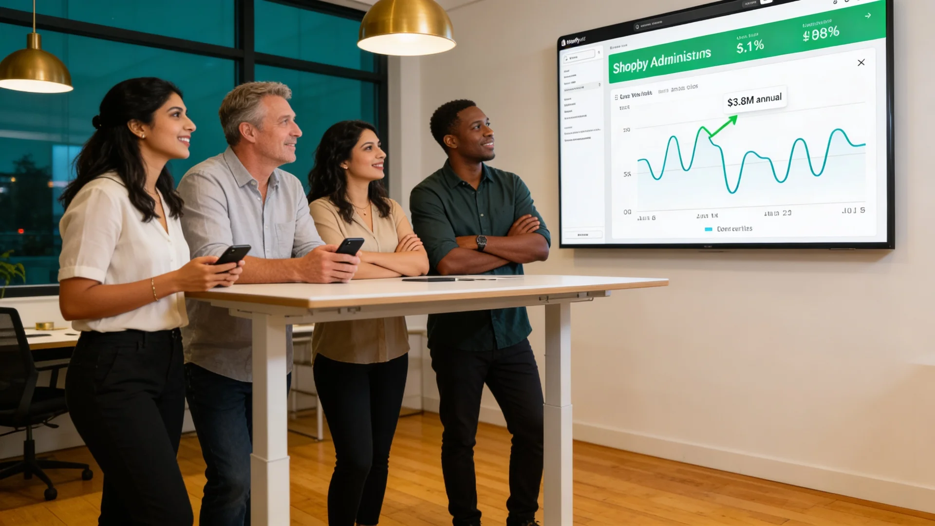 Diverse ecommerce team celebrating a store launch milestone with rising revenue on screens Diverse ecommerce team celebrating a store launch milestone with rising revenue on screens