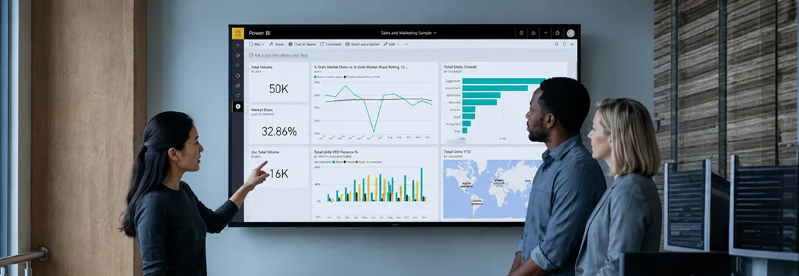 Analytics team reviewing live Power BI dashboard screens in an operations center Analytics team reviewing live Power BI dashboard screens in an operations center
