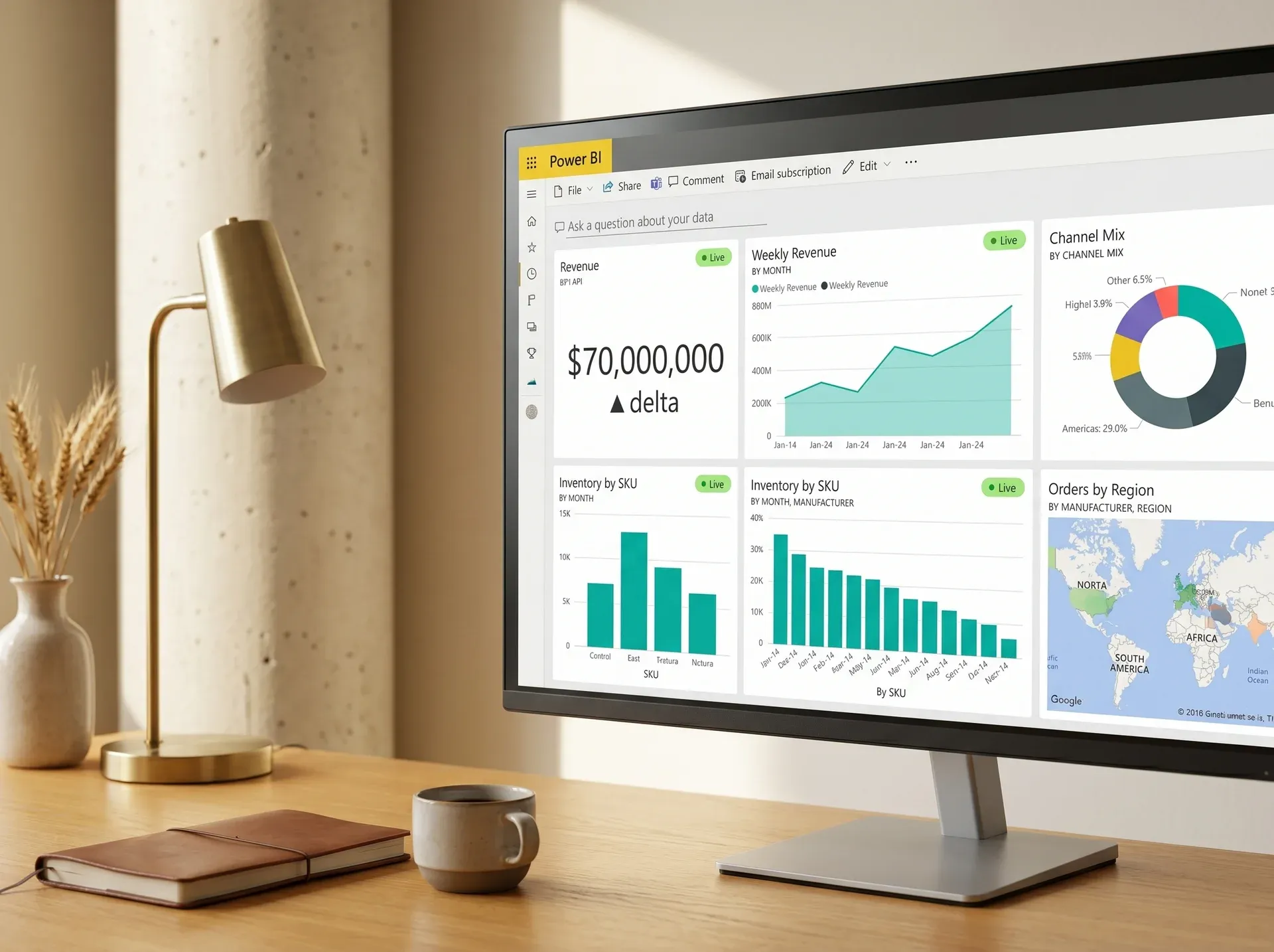 Large monitor displaying live Power BI dashboard with ecommerce revenue and inventory metrics Large monitor displaying live Power BI dashboard with ecommerce revenue and inventory metrics