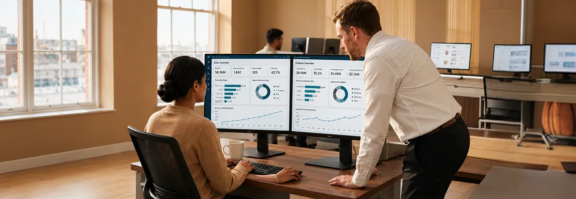 Integration engineers reviewing Microsoft Dynamics 365 data flows on dual monitors Integration engineers reviewing Microsoft Dynamics 365 data flows on dual monitors