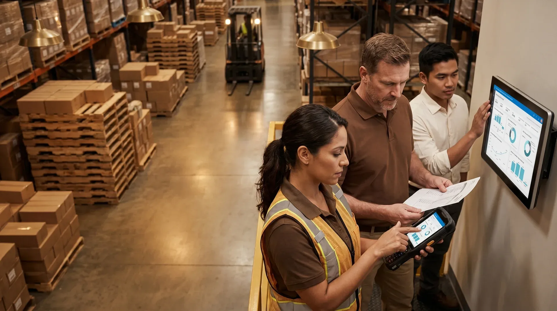 Warehouse operations team using handheld devices connected to Dynamics 365 live inventory Warehouse operations team using handheld devices connected to Dynamics 365 live inventory