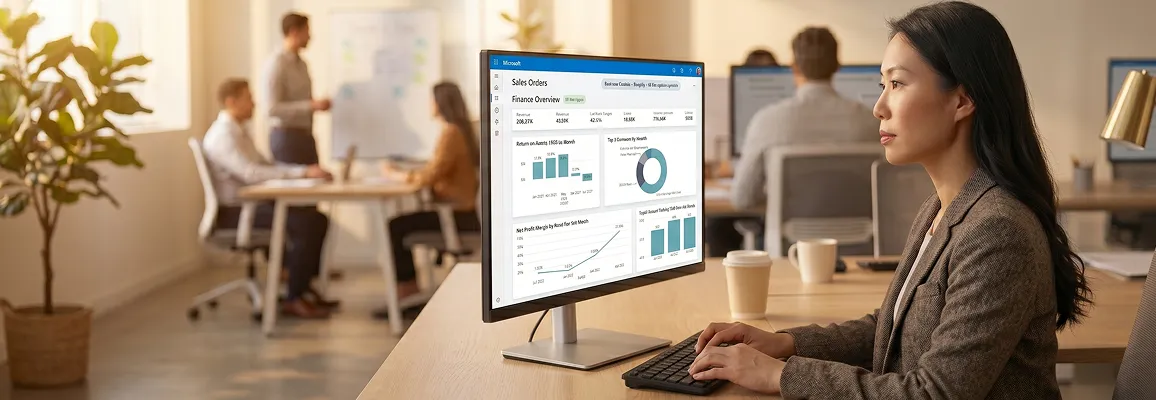 Ecommerce operations manager reviewing live Dynamics 365 order sync status on screen Ecommerce operations manager reviewing live Dynamics 365 order sync status on screen