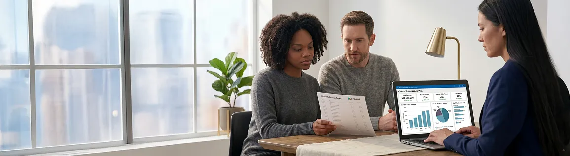 Two operations team members comparing paper printout order list with Dynamics 365 screen data Two operations team members comparing paper printout order list with Dynamics 365 screen data