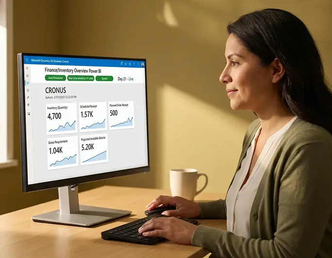 Operations lead reviewing successful real-time order sync dashboard on large monitor at desk Operations lead reviewing successful real-time order sync dashboard on large monitor at desk