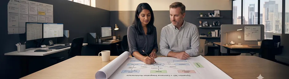 Two integration engineers reviewing Dynamics 365 and eCommerce architecture diagrams at desk Two integration engineers reviewing Dynamics 365 and eCommerce architecture diagrams at desk