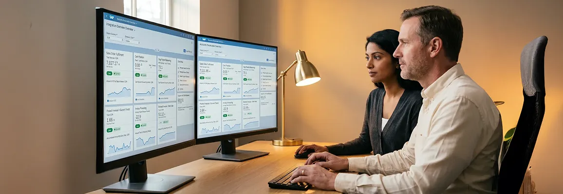 SAP integration architects reviewing system data-flow maps on large monitors, natural office light