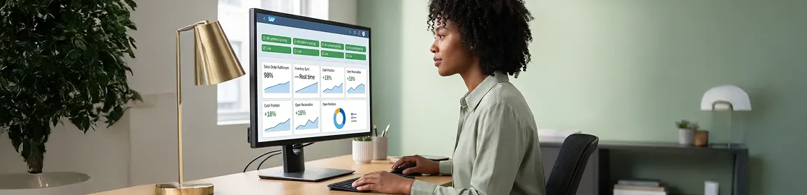 Operations lead reviewing unified SAP dashboard with live system data, focused and calm