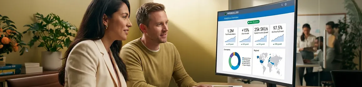 Enterprise team reviewing scaled revenue analytics after SAP integration, natural office light