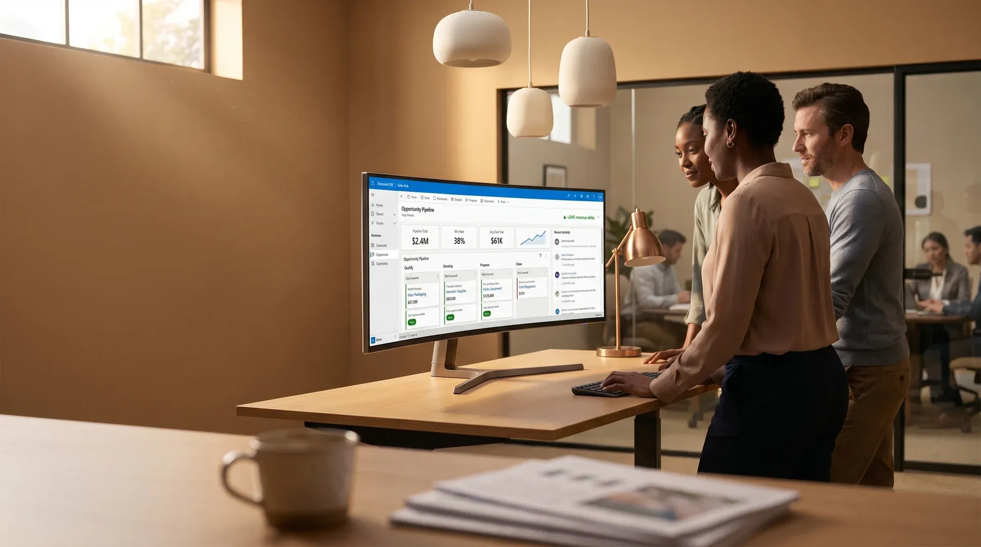 Sales team reviewing Dynamics CRM pipeline data on large monitors, warm evening office light