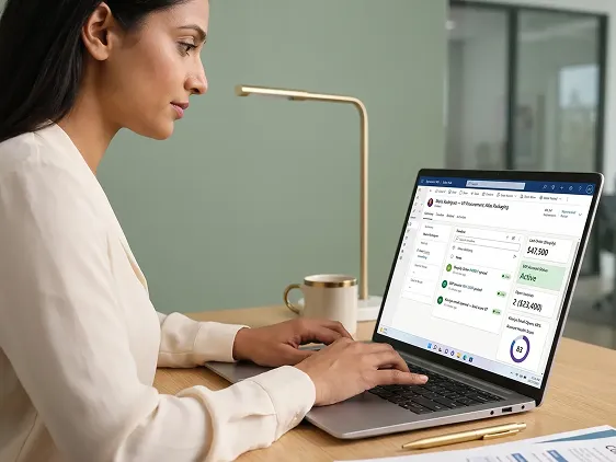 Account manager reviewing unified Dynamics CRM contact record with live sales data, natural window light Account manager reviewing unified Dynamics CRM contact record with live sales data, natural window light