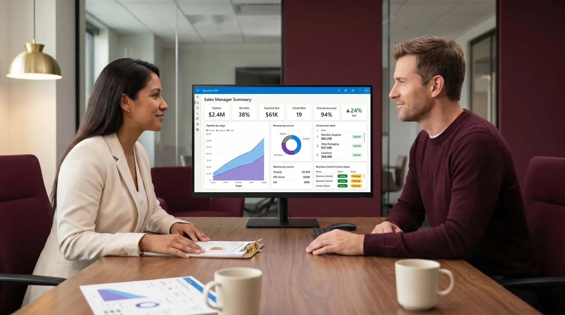 Sales operations team reviewing integrated Dynamics CRM and enterprise resource planning analytics dashboard, natural office light Sales operations team reviewing integrated Dynamics CRM and enterprise resource planning analytics dashboard, natural office light
