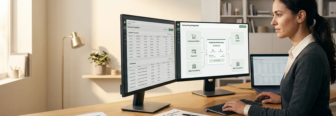 Finance manager reviewing QuickBooks dashboard on dual screens, natural morning light, focused concentration Finance manager reviewing QuickBooks dashboard on dual screens, natural morning light, focused concentration