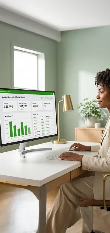 Finance lead reviewing clean QuickBooks dashboard with automatically synced transactions, natural light, visible relief Finance lead reviewing clean QuickBooks dashboard with automatically synced transactions, natural light, visible relief