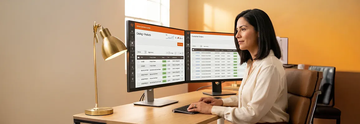 eCommerce operations lead reviewing product catalog in Adobe Commerce admin panel, dual monitors, screen glow, natural workplace light eCommerce operations lead reviewing product catalog in Adobe Commerce admin panel, dual monitors, screen glow, natural workplace light