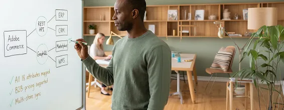 Integration architect reviewing clean Adobe Commerce API flow architecture on whiteboard, confident focus, natural light Integration architect reviewing clean Adobe Commerce API flow architecture on whiteboard, confident focus, natural light