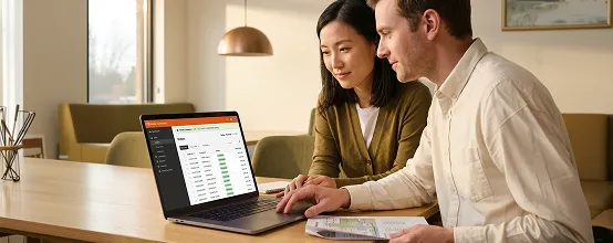 Two team members reviewing live Adobe Commerce integration sync confirmation on laptop, visible relief, natural workplace light Two team members reviewing live Adobe Commerce integration sync confirmation on laptop, visible relief, natural workplace light