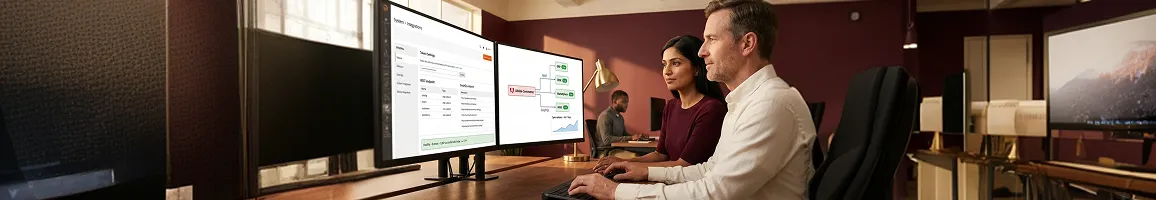 Two engineers reviewing Adobe Commerce API architecture and integration diagrams on large monitor screens Two engineers reviewing Adobe Commerce API architecture and integration diagrams on large monitor screens