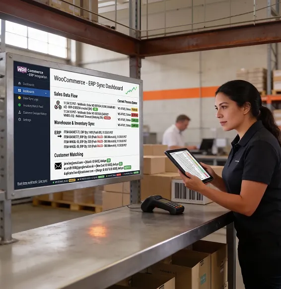 Warehouse team member reviewing WooCommerce order sync status on tablet, natural workplace light, focused Warehouse team member reviewing WooCommerce order sync status on tablet, natural workplace light, focused