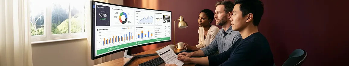Off Grid Knives ecommerce team reviewing multi-channel BigCommerce and Klaviyo integration analytics dashboard showing revenue growth across channels Off Grid Knives ecommerce team reviewing multi-channel BigCommerce and Klaviyo integration analytics dashboard showing revenue growth across channels