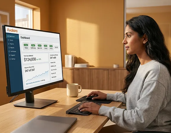 Finance operations lead reviewing multi-state Avalara tax compliance dashboard in natural morning light Finance operations lead reviewing multi-state Avalara tax compliance dashboard in natural morning light