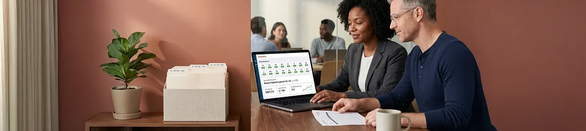 Multi-state finance team reviewing healthy Avalara returns dashboard with all states filed, calm and confident in warm afternoon light Multi-state finance team reviewing healthy Avalara returns dashboard with all states filed, calm and confident in warm afternoon light