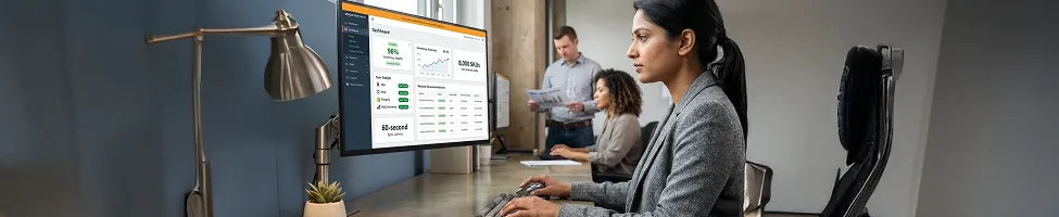 Operations manager reviewing multi-channel inventory dashboard, natural light from window, side angle Operations manager reviewing multi-channel inventory dashboard, natural light from window, side angle